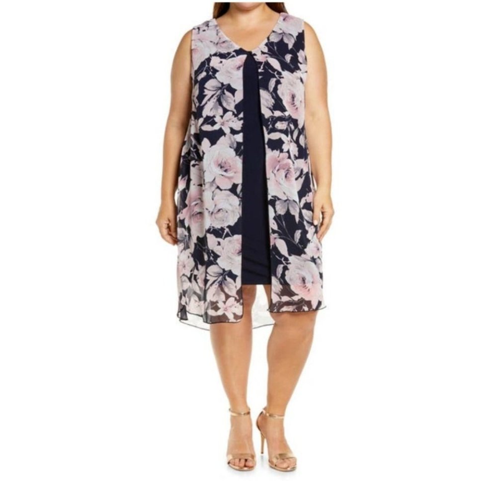 Connected Dress 16W Black Pink Floral Flowy Stretch Career Church NEW